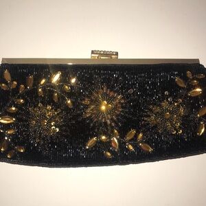 Lord & Taylor Black Beaded Clutch with Gold Embellishment